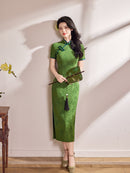 Emerald Green Blue-Piping Tonal Jacquard Short Sleeve Qipao Maxi Dress | Mandarin Collar Slit Cheongsam
