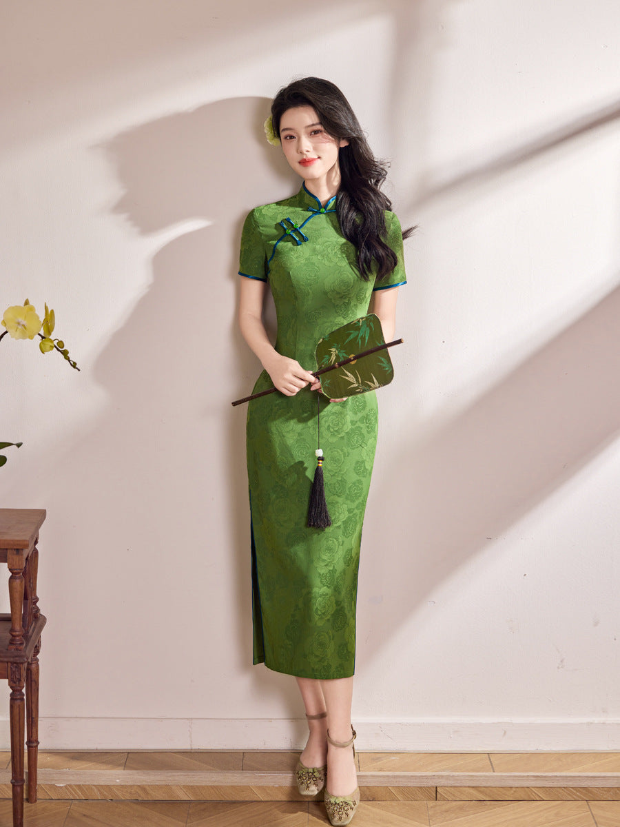Emerald Green Blue-Piping Tonal Jacquard Short Sleeve Qipao Maxi Dress | Mandarin Collar Slit Cheongsam