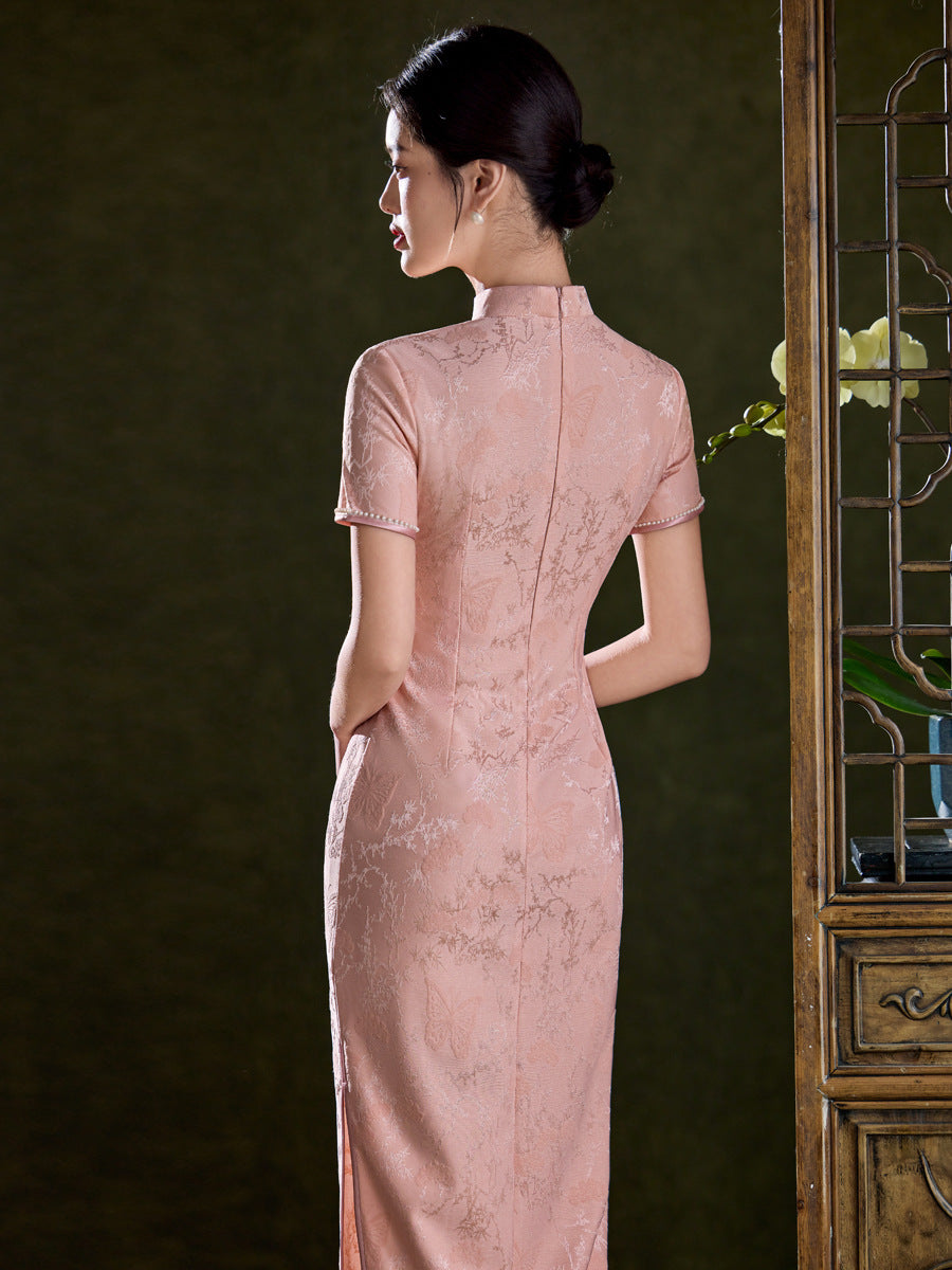 Champagne Pink Tonal Jacquard Short Sleeve Qipao Maxi Dress | Mandarin Collar Slit Cheongsam