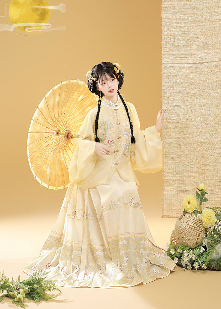 Ming-Style Stand-Collar Embroidered Patch Top & Mamian Skirt Set | Osmanthus Bunny Motif Elegant Hanfu