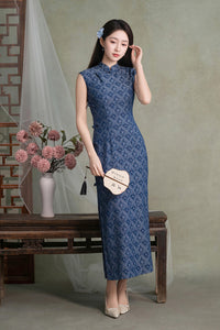 Dusty Blue Jacquard Sleeveless Long Qipao Dress | Mandarin Collar Slim Vintage Banquet Gown