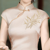 Bamboo Embroidered Qipao | Slim Mandarin Maxi Cheongsam