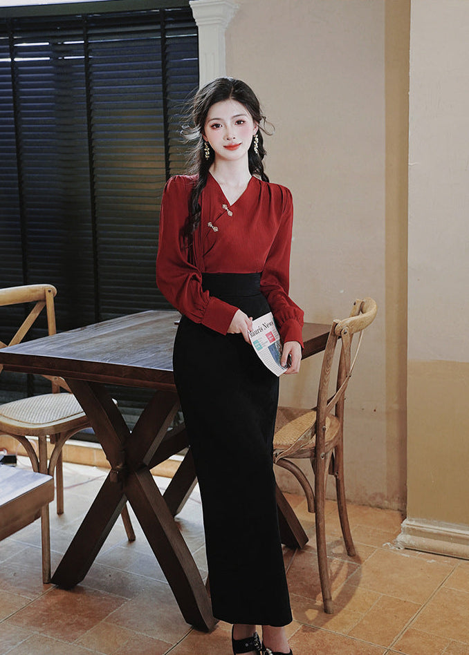Modern Chinese Two-Piece Set – Red Pleated Top with Frog Buttons | High-Waist Straight Maxi Skirt