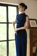 Sleeveless Navy Embroidered Qipao Long Dress | Mandarin Collar Slim Silhouette