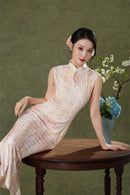 Pink Floral Sleeveless Velvet Qipao Dress | Slim Mandarin Maxi