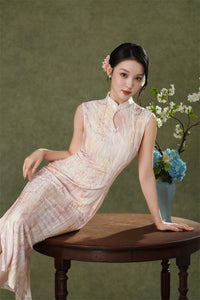 Pink Floral Sleeveless Velvet Qipao Dress | Slim Mandarin Maxi