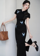 Black Butterfly Embroidered Slim Long Qipao | Side Slit