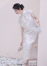 Modern Chinese Qipao Two-Piece Set | Ivory Mandarin-Collar Straight Dress