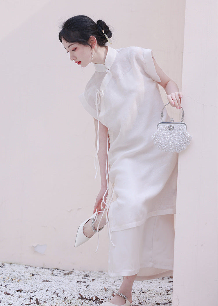 Modern Chinese Qipao Two-Piece Set | Ivory Mandarin-Collar Straight Dress