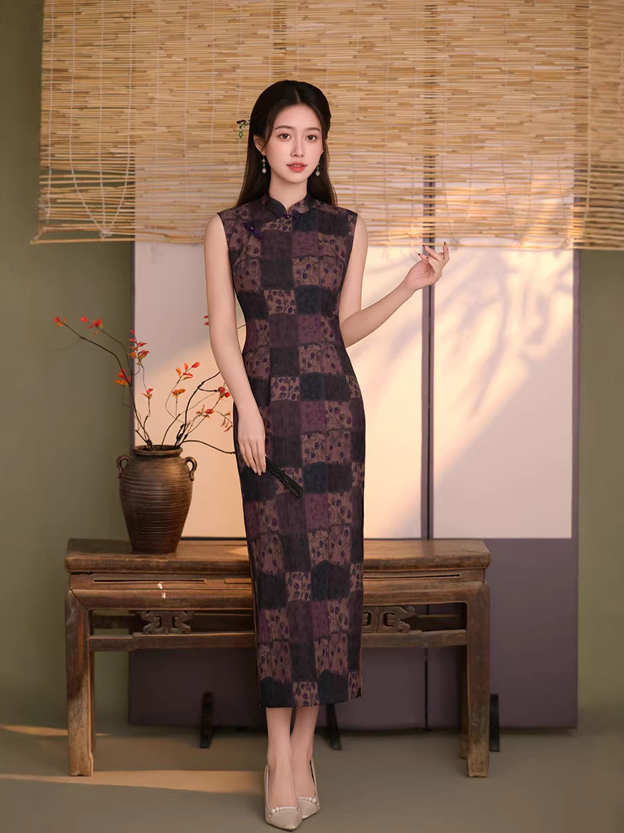 Vintage Purple & Black Checker Jacquard Sleeveless Qipao Dress | Mandarin Collar Slim Midi Cheongsam