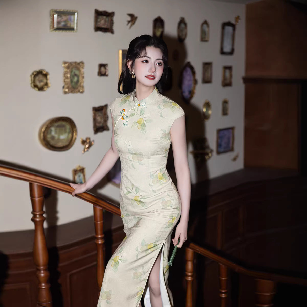 Apricot Embroidered Sleeveless Qipao Dress | Mandarin Collar Slim Maxi Cheongsam