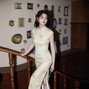 Apricot Embroidered Sleeveless Qipao Dress | Mandarin Collar Slim Maxi Cheongsam