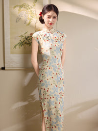 Blue Floral Berry Print Qipao Dress | Slim Mandarin Midi Look