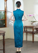 Peacock-Blue New-Chinese Qipao Dress | Sleeveless Mandarin Collar