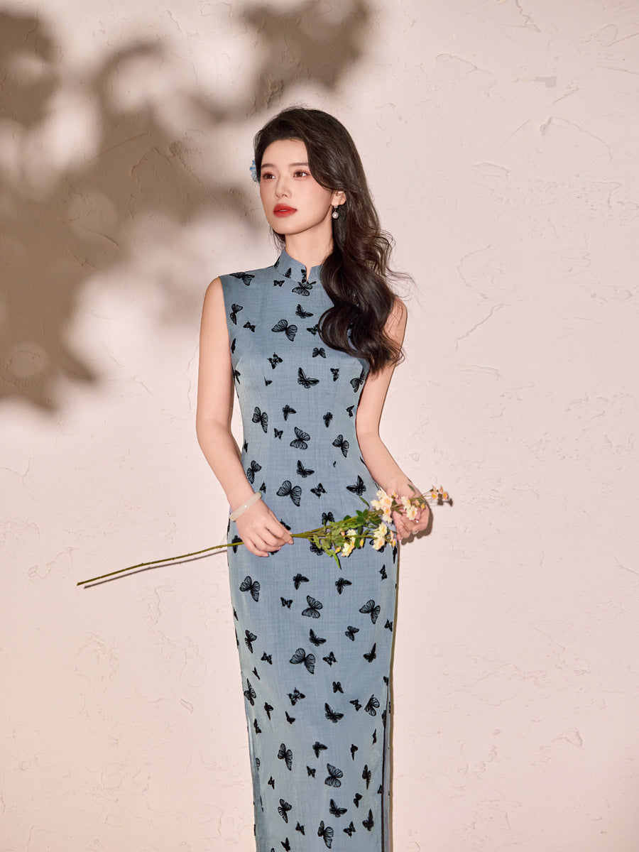 Misty Blue Butterfly Print Sleeveless Qipao Maxi Dress | Mandarin Collar Slit Cheongsam
