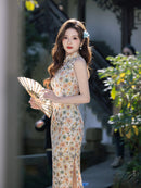 Ivory Floral Sleeveless Slim Long Qipao Dress | Mandarin Collar Frog Buttons Side Slit New Chinese Vintage Style