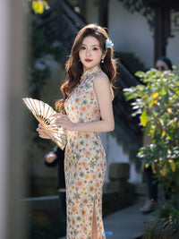 Ivory Floral Sleeveless Slim Long Qipao Dress | Mandarin Collar Frog Buttons Side Slit New Chinese Vintage Style