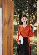 Modern Hanfu Mamian Skirt Set | Jacquard Wrap V-Neck Top with Lantern Sleeves