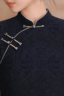 BlackTonal Jacquard Short Sleeve Qipao Dress | Mandarin Collar Slim Midi Cheongsam