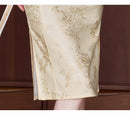 Yellow Jacquard Qipao | Slim Mandarin Collar Short-Sleeve Dress