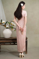 Blush Pink Jacquard Short-Sleeve Long Qipao Dress | New Chinese Mandarin Collar Frog Buttons Slim Side Slit Wedding Banquet Gown