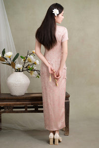 Blush Pink Jacquard Short-Sleeve Long Qipao Dress | New Chinese Mandarin Collar Frog Buttons Slim Side Slit Wedding Banquet Gown
