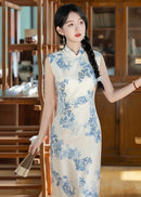 Sleeveless Blue-and-White Porcelain Qipao | Slim Midi Mandarin Collar