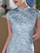 Blue Vintage-Wash Short Sleeve Qipao Maxi Dress | Mandarin Collar Slim Slit Cheongsam