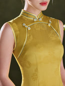 Gold Tonal Jacquard Sleeveless Qipao Dress | Mandarin Collar Slim Midi Cheongsam