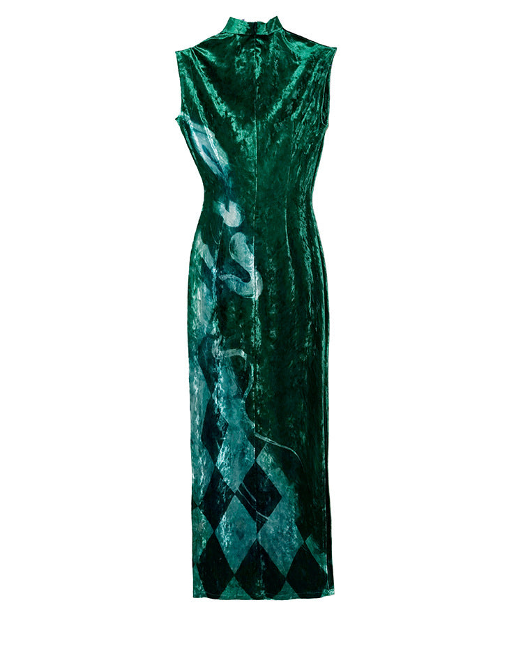 Elegant Green Pattern Slim Qipao | Mandarin Collar