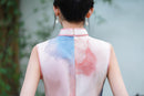 Watercolor Ombre Sleeveless Qipao Maxi | Pink–Blue Mandarin Collar