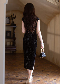 Black Stretch Long Qipao | Modern Mandarin Slim Evening Gown