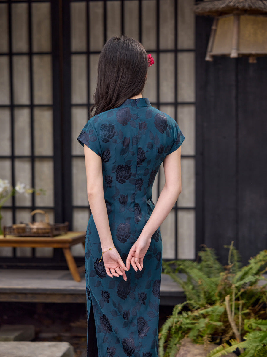 Teal Blue Rose Jacquard Short Sleeve Qipao Maxi Dress | Mandarin Collar Slim Slit Cheongsam