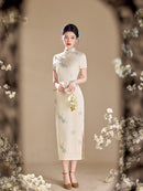 Ivory Blue Floral Embroidered Short Sleeve Qipao Maxi Dress | Mandarin Collar Slit Cheongsam