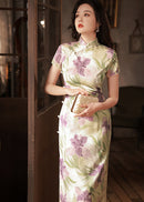 Breathable Linen-Feel Floral Qipao | Soft Green & Lilac Iris