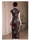 Velvet Rose-Embroidered Qipao | Black with Red Florals