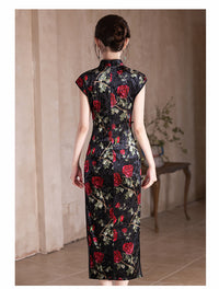 Velvet Rose-Embroidered Qipao | Black with Red Florals