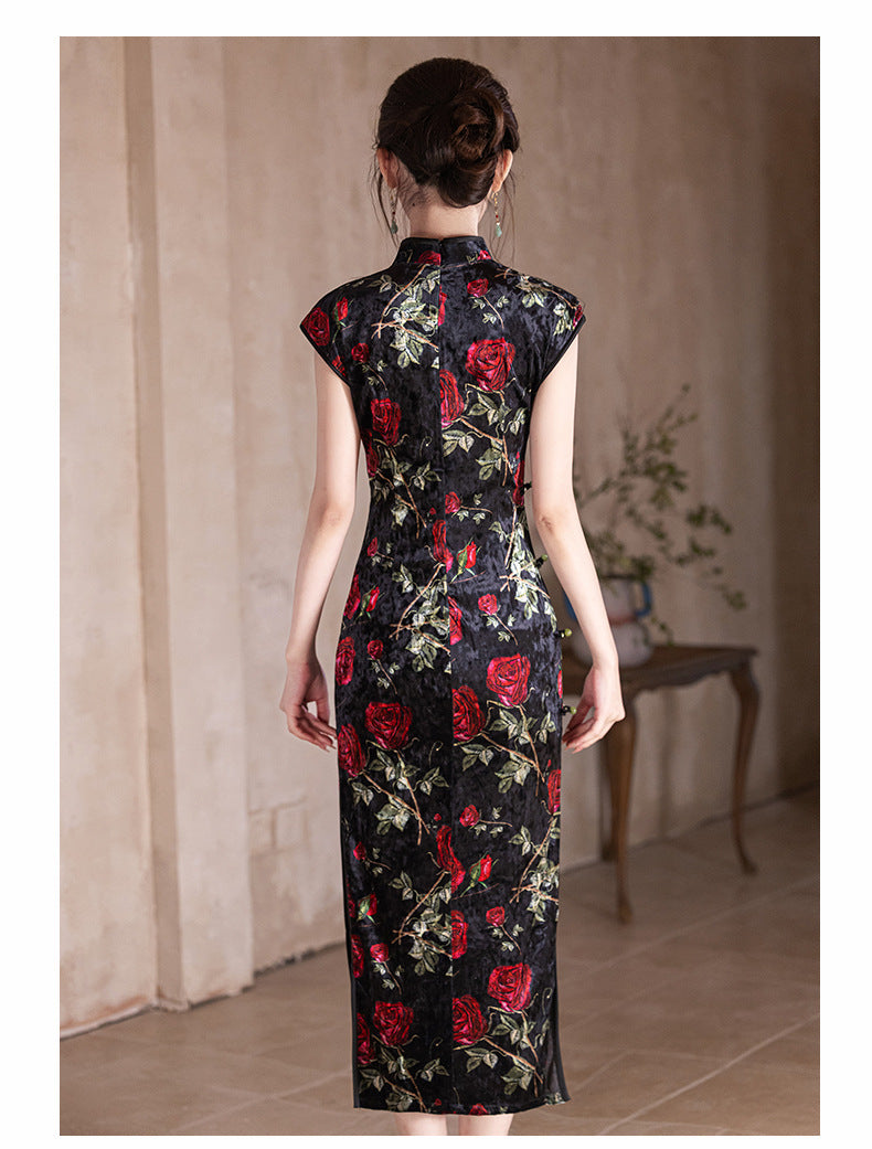 Velvet Rose-Embroidered Qipao | Black with Red Florals