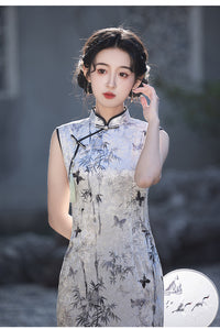Chinese-style Sleeveless Cheongsam | Bamboo Leaf Butterfly Embroidered Qipao