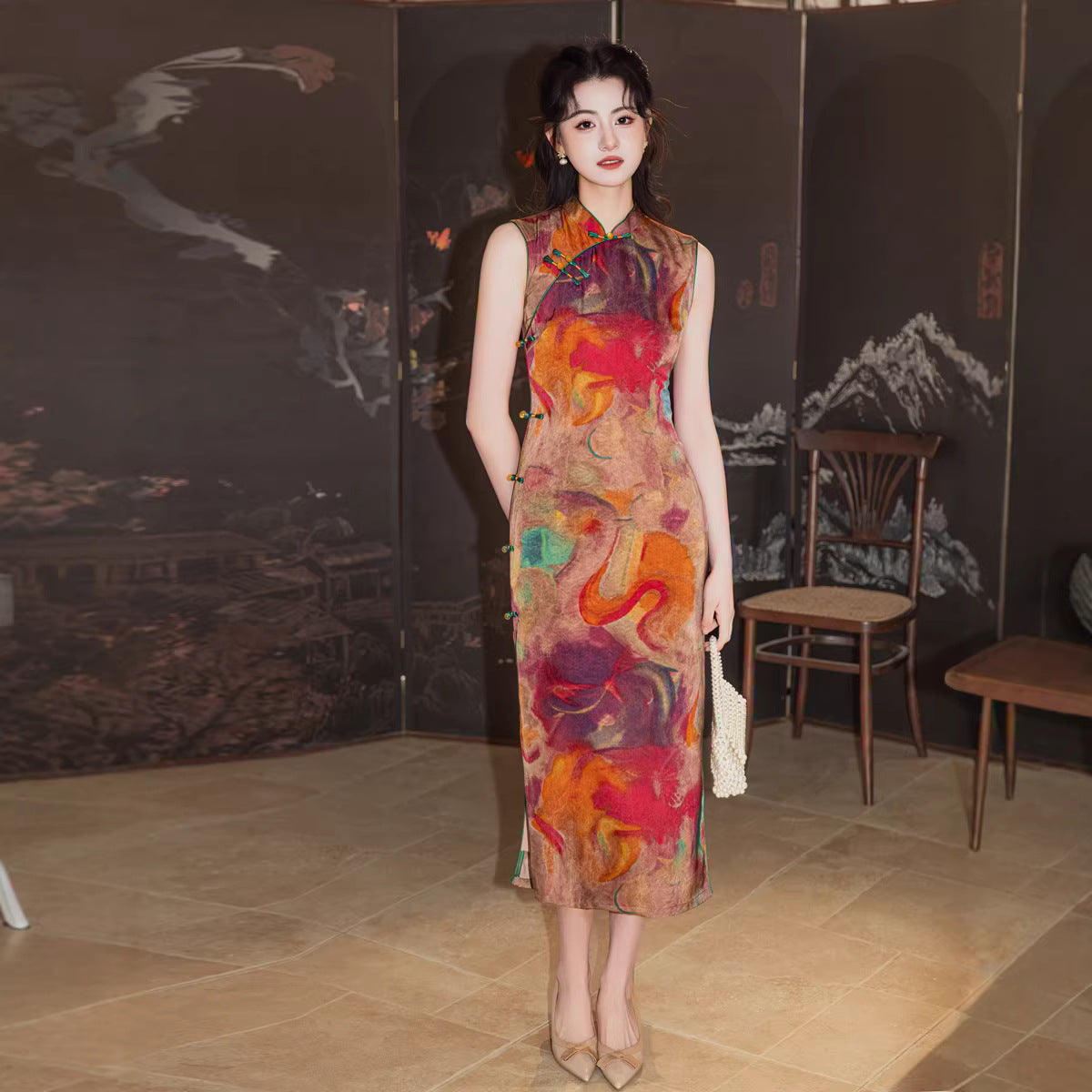 Retro Orange Sleeveless Qipao Dress | Mandarin Collar Slim Midi Cheongsam