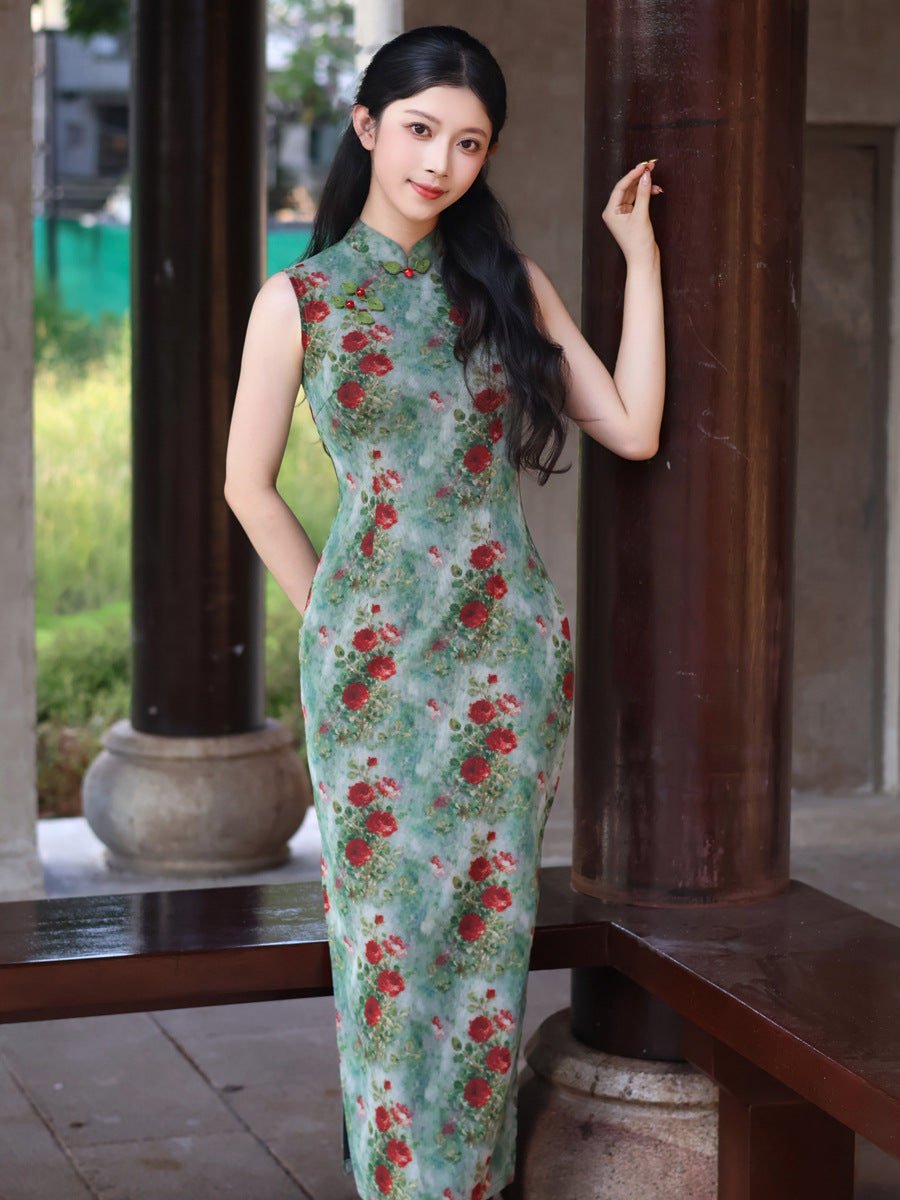Green Rose Floral Print Sleeveless Mesh Qipao Dress|Slim Mandarin Midi Cheongsam