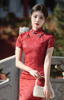 Spring Vintage Jacquard Qipao | Chinese Slim Elegant Short Sleeve Dress