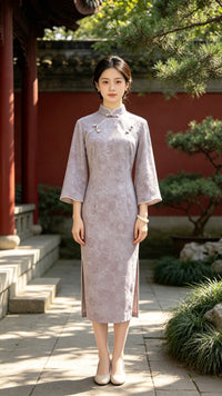 Purple Velvet Petal Sleeve Qipao Dress | Slim Mandarin Maxi