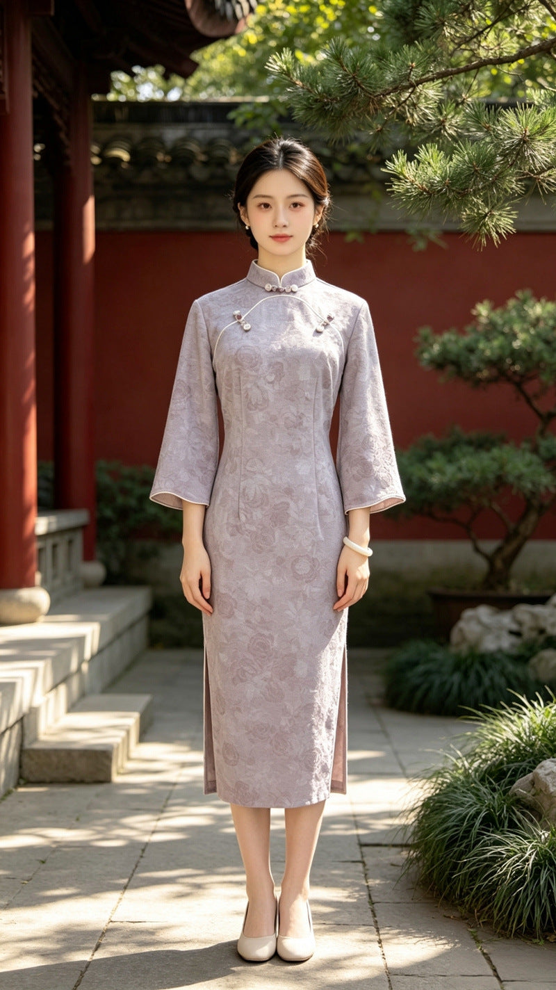 Purple Velvet Petal Sleeve Qipao Dress | Slim Mandarin Maxi