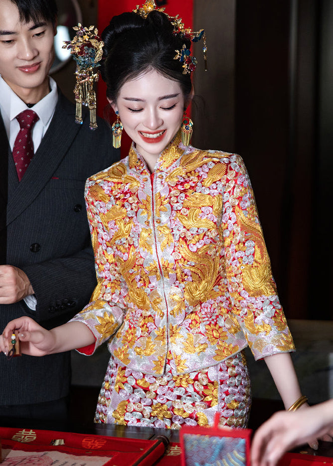 Winter Longfeng Gua Bridal Outfit | Heavy-Embroidery Xiuhe Two-Piece