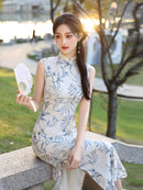 Chinese Vintage Bamboo Leaf Print Qipao | Elegant Slim-Fit Dress