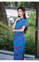 Vintage Blue Qipao Dress | Mandarin Collar Slim Maxi with Side Slit
