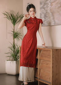 Wine Red Jacquard Mandarin Qipao Dress | A-Line Slim Waist Layered Pleated Tassel Skirt New Chinese Style