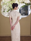 Ivory Floral Embroidered Qipao Maxi Dress | Green Frog Buttons Mandarin Collar Slit