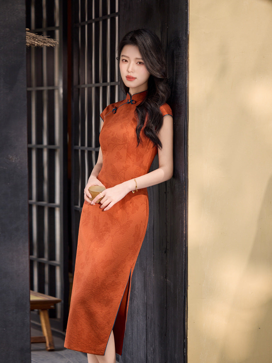 Orange Tonal Jacquard Short Sleeve Qipao Maxi Dress | Mandarin Collar Slit Cheongsam